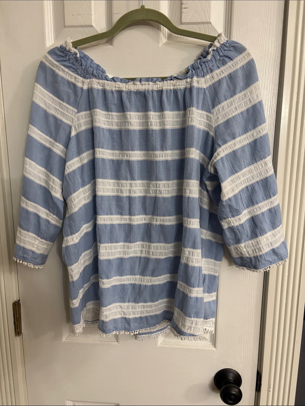 Westbound Blue and White Striped Off-Shoulder Peasant Blouse